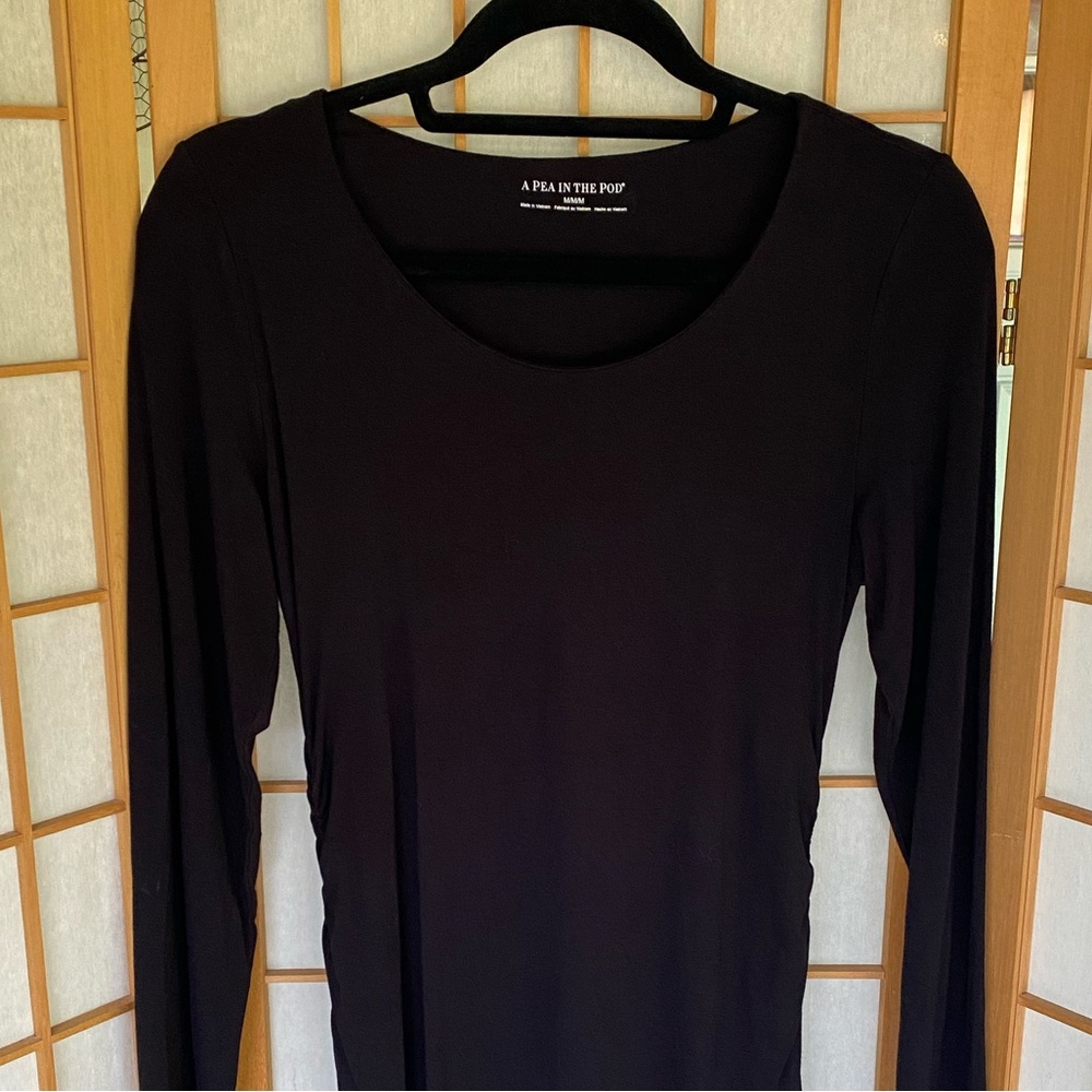 A Pea In The Pod Basic Black Stretch Rouched Long Sleeve Dress SZ M - Picture 4 of 10